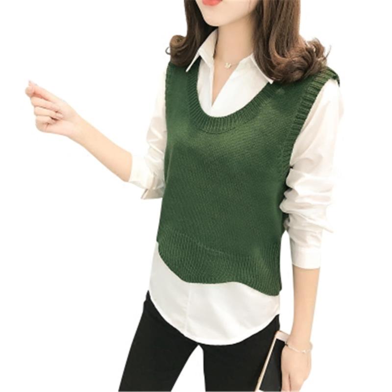 

Women's Vests Spring Autumn 2022 Solid Color Round Neck Short Sweater Vest Female Wave Edge Sleeveless Knitted Bottoming Pullover, Black;white