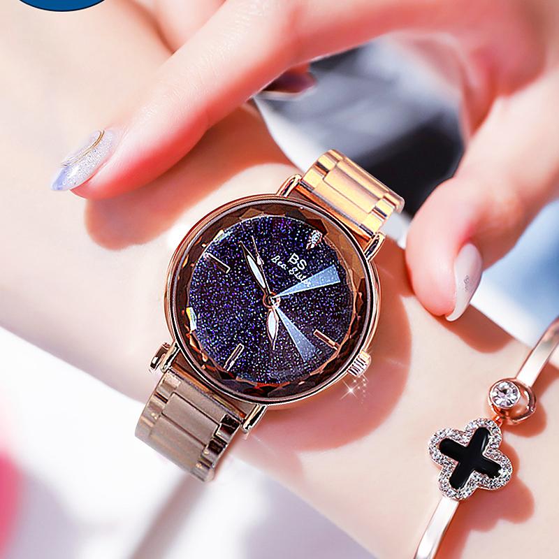 

Wristwatches Relogio Feminino Watch Women Luxury Starry Sky Dial Crystal Waterproof Stainless Steel Quartz Roman Mirror Clock, Gold