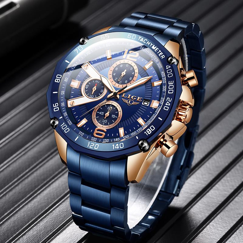 

Wristwatches 2021 Waterproof Men's Watches LIGE Top Watch Men All Steel Big Dial Calendar Sport Wristwatch Male Chronograph, Rose gold blue