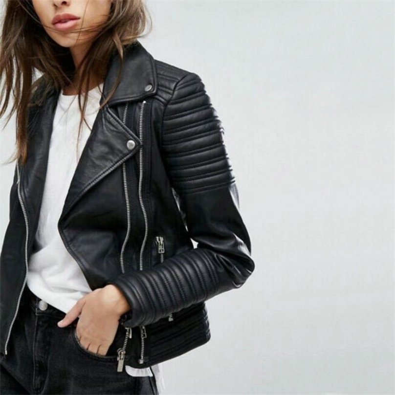 

Fall Women Clothing Faux Leather Jacket Fashion Zipper Short Coats Ladies Turn Down Collar Biker Moto Black Coat 210525, Pink