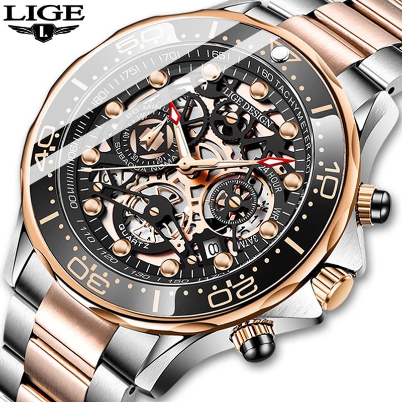 

Wristwatches 2021 LIGE Luxury Men's Watch Business Automatic Watches For Men Skeleton Hollow Quartz Waterproof Relogio Masculino, Rose gold black