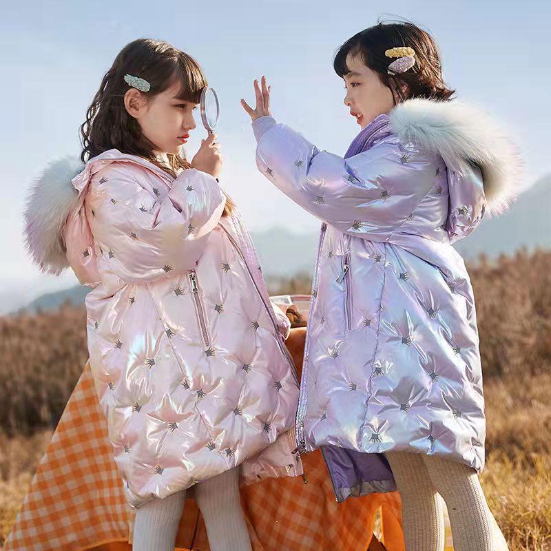 

Down Coat Children Winter Parkas Embroidery Faux Fur Hooded Long Jackets Down-cotton Padded Girls Fashion Outerwear Size 120-160, Blue;gray