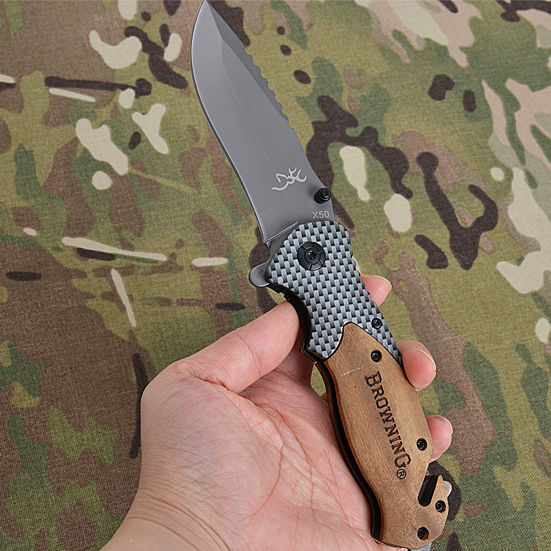 Browning X50 Pocket Folding Blade Knife 440C Wooden Handle Hunting Camping Self Defense EDC Tool Outdoor Knife-image-747567595