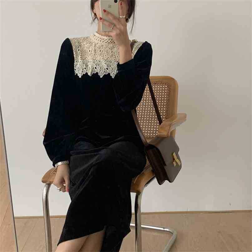 

Women Dresses Long Sleeves Korean Elegant Slim Lace Patchwork Female Mid-Calf Chic Casual Dress 210525, Black