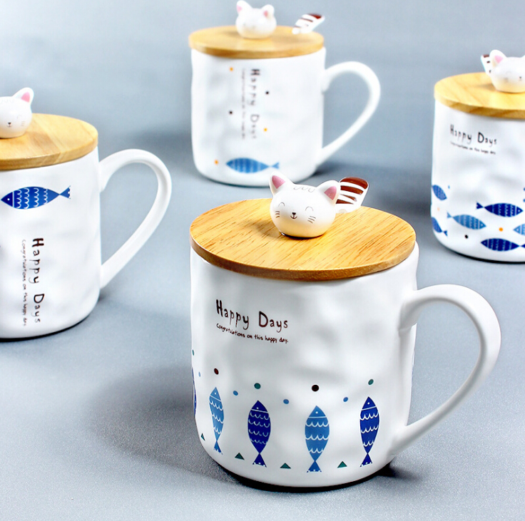 

Japanese Style Ceramic Mug Coffee Tea Beverage Cup Zakka Creative Cat and Fish cartoon Pattern with Spoon & Lid, Customize