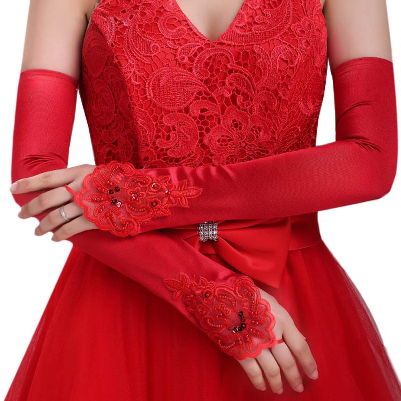 

Five Fingers Gloves Exquisite Bride Lace White Wedding Dress Fingerless Rhinestone Bridal Red For Party