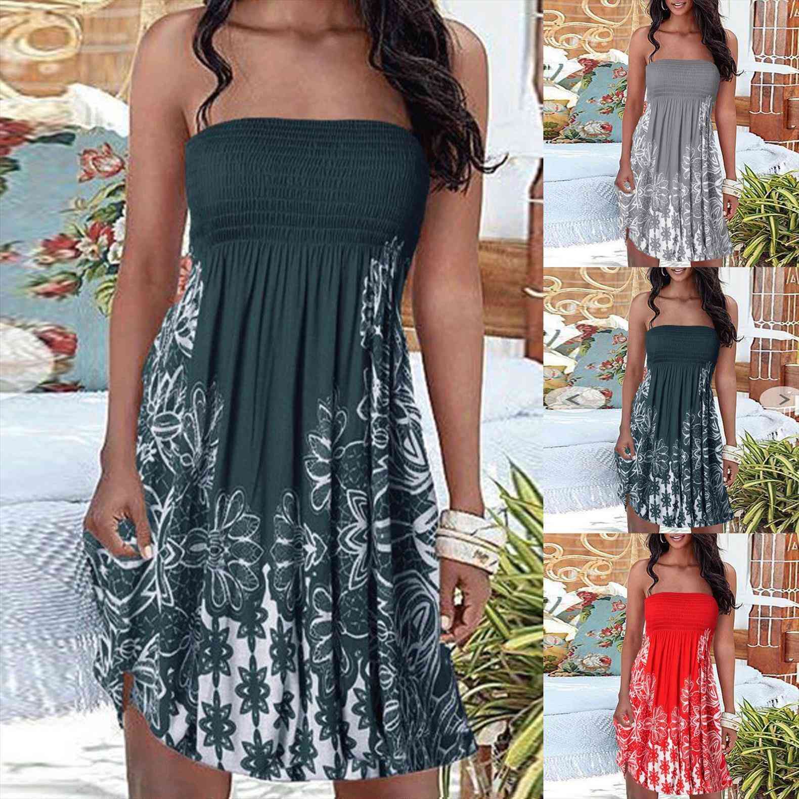 

chic summer mini bohemian floral womens dresses print elastic band sleeveless elegant slim high waist ruffle robe, Black;gray