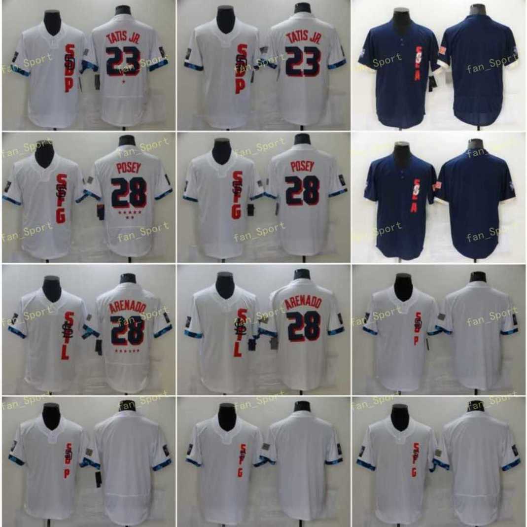

2021 All Star 23 Fernando Tatis Jr Baseball Jerseys 28 Nolan Arenado 28 Posey Cool Base Flexbase White Blue Stitched, Men