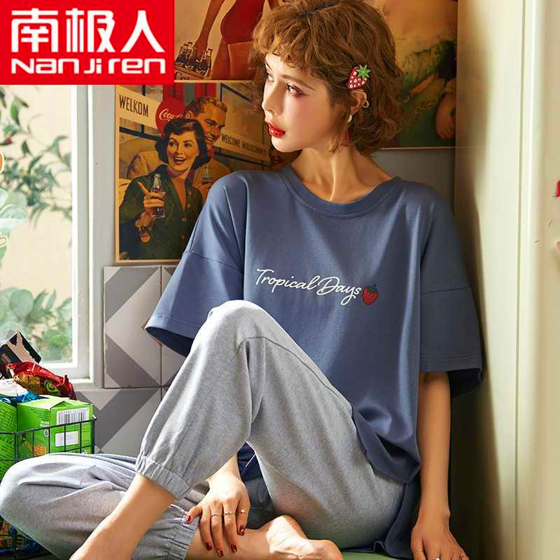 

2021Summer Brand Short Sleeved Knited Cotton Womens Pajama Set Cute Striped Cartoon Long Pants Pajama Sets Sleepwear Pyjamas -2XL, Black;red