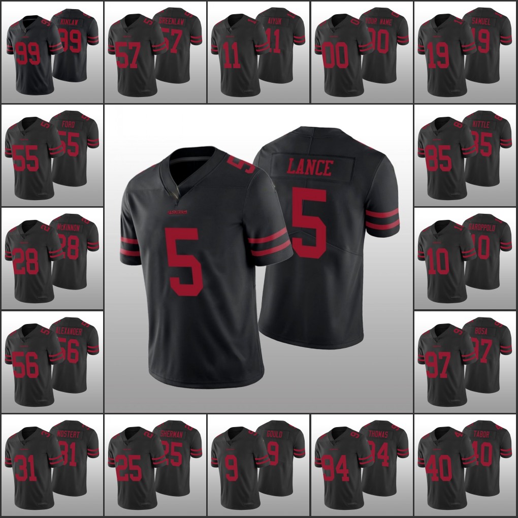 

San Francisco49ersMen Women Youth #5 Trey Lance 11 Brandon Aiyuk 85 George Kittle 19 Deebo Samuel Custom Black Vapor Limited Jersey