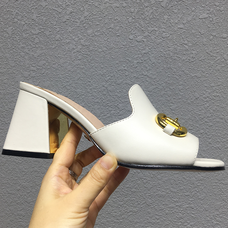 

High heeled Slipper Women Fashion Designers Slides Shoes Sandals Genuine leather sole Womens Solid Scuffs Sandal 7.5cm Heels Slippers big size Shoe 34-43, Black