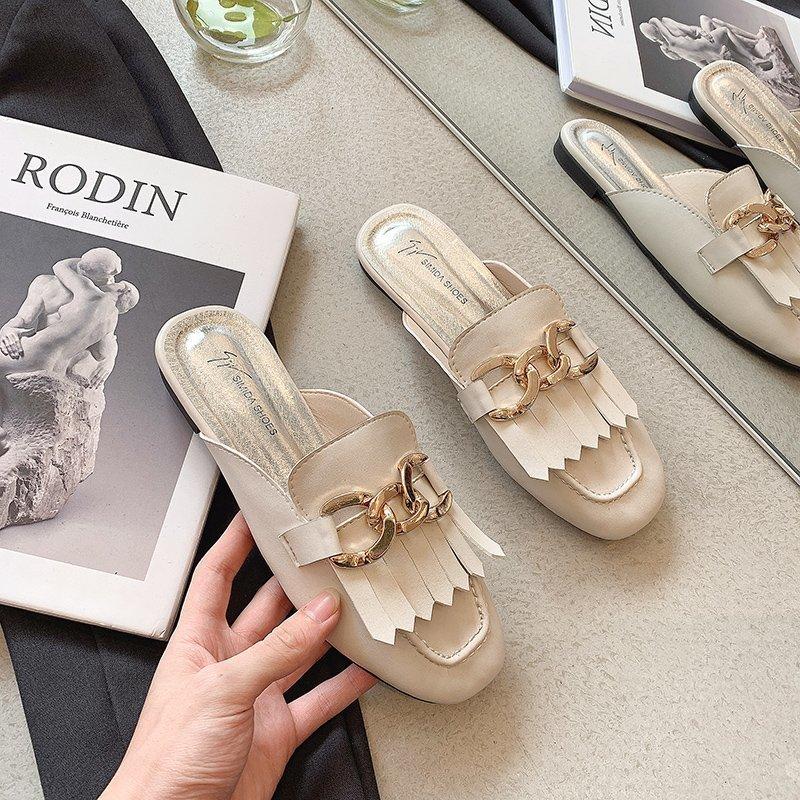 

Cover Toe Female Shoes Loafers Slippers Flat Rivet Mules For Women 2021 Slides Square Metal Decoration Retro Rubber PU, Black