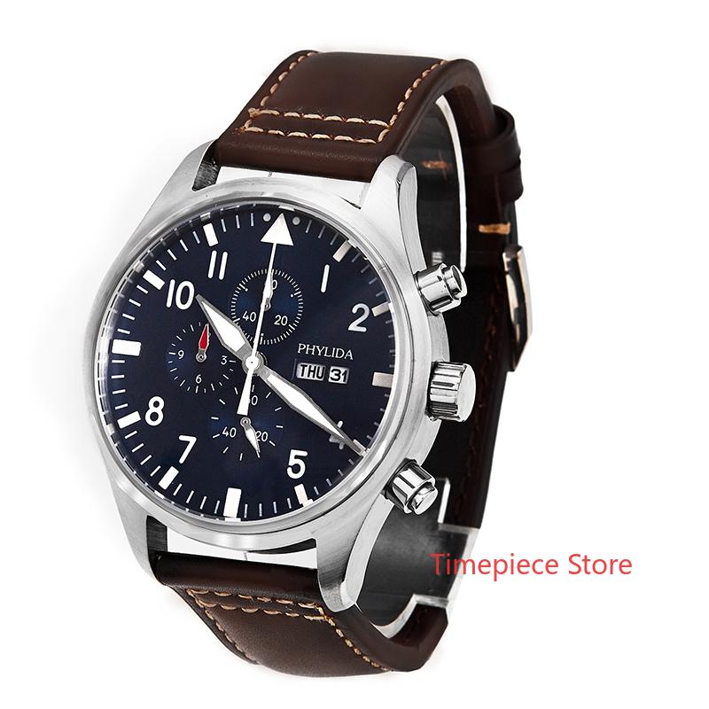 

Wristwatches 5ATM MIYOTA 45mm Little Prince Watch Chronograph Day/Date Full Luminous Leather Strap Domed Sapphire Crystal Blue Dial, Slivery;brown