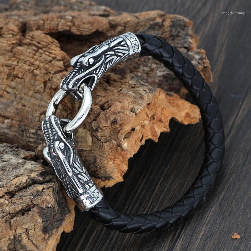 

Men 316L Stainless Steel Leather Norse Viking Dragon Bracelet 21 23 25 CM Bangle