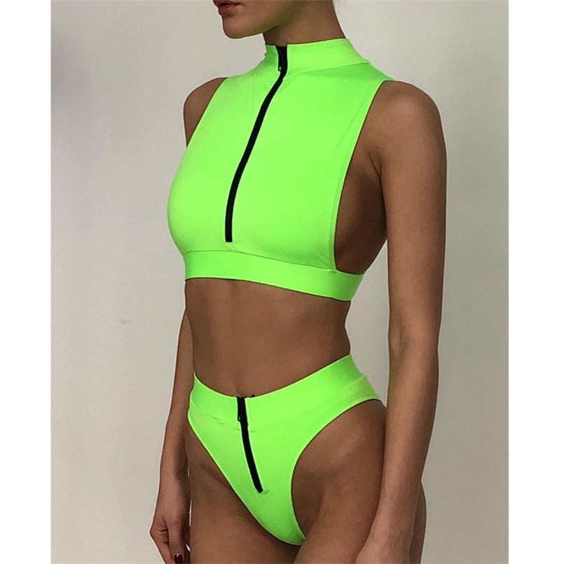 

High Waist Bikini Mujer Neon Green Swimsuit Female Neck Swimwear Women Zipper Crop Top Sexy Bathing Suit Bathers 210722
