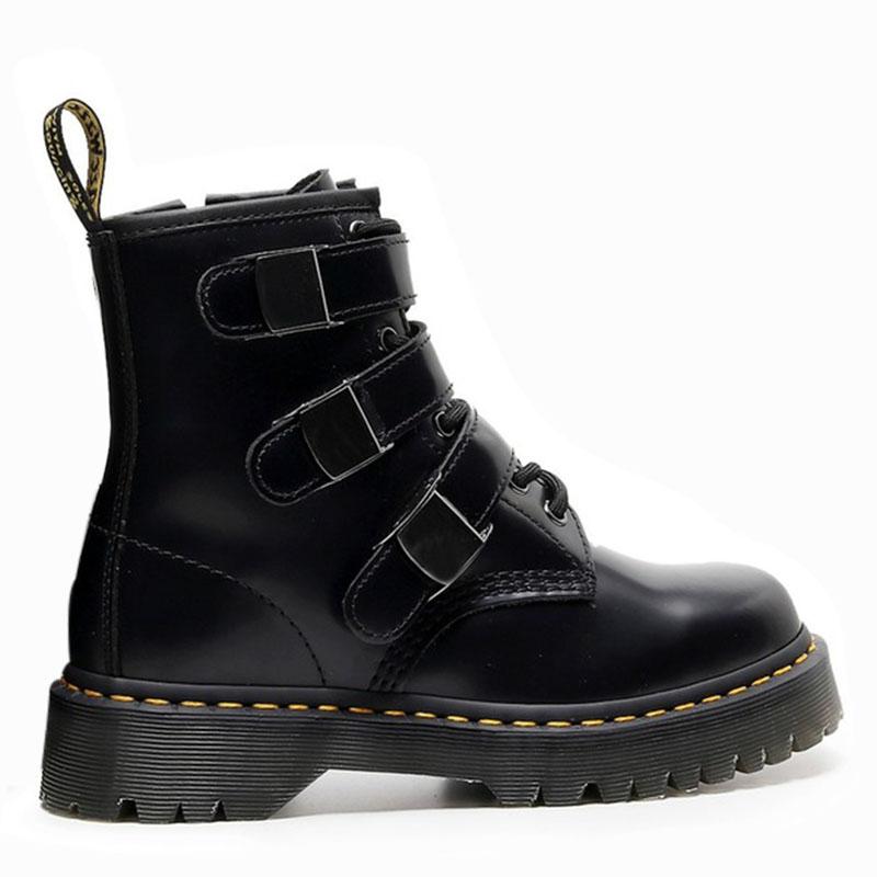 Boots Women 2021 Cow Leather Flip Buckle Side Zipper 8-eye British Black Fashion Motorcycle Short
