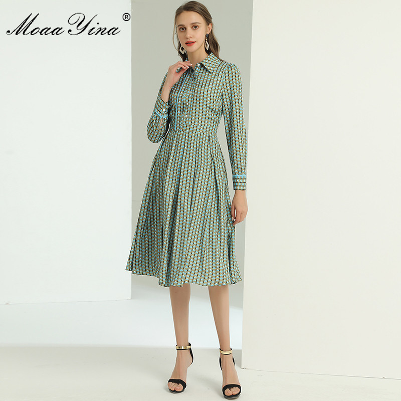 

Fashion Designer Dress Summer Women's dress turn-down collar Long sleeve Dots Print Pleated Dresses 210524, Light green