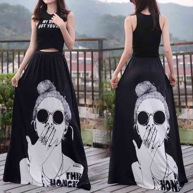 

summer fashion y2k maxi long womens skirts floor length elastic high waist muslim cartoon printed midi mujer, Black