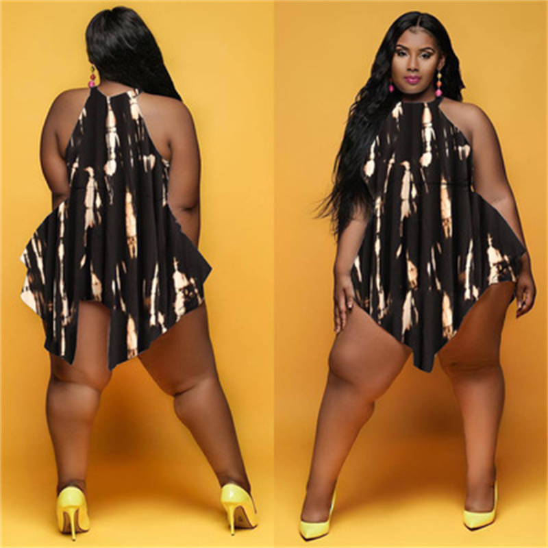 

Womens Plus Size Printing Dresses Fashion Trend Sleeveless Halter Mid Waist Irregular Short Skirt Designer Summer Female Casual Slim Dress, Yellow