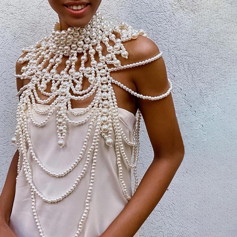 

Chains Punk Layered Imitation Pearl Pendant Necklace For Women Statement Beaded Shawl Tssel Collar Wedding Fashion Jewelry, Silver