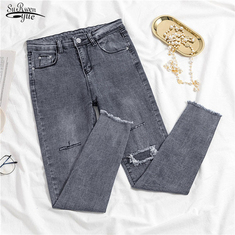 

Jeans Female Denim Pants Hole Korean Fashion Button Women' Pencil Gray Elastic Trousers for Ladies Donna 10633 210521