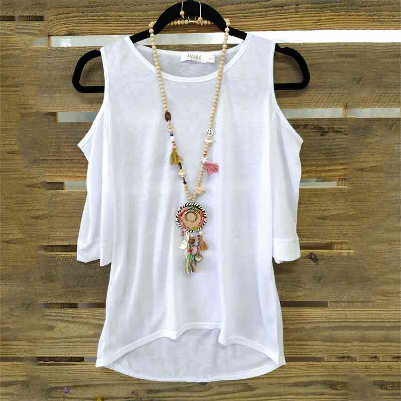 

Plus Size Sexy Shirts Womens Tshirts Casual Slit Sleeve Cold Shoulder Tops Summer T Shirt Oversized Women Arrivals Tee tees 210607, White