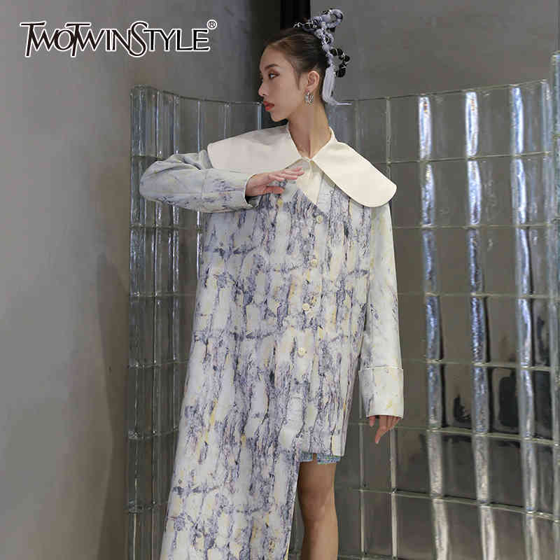 

Printed Tie Dye Asymmetrical Jacket For Women V Neck Long Sleeve Patchwork Chain Thin Coat Female Fashion 210524, Beige