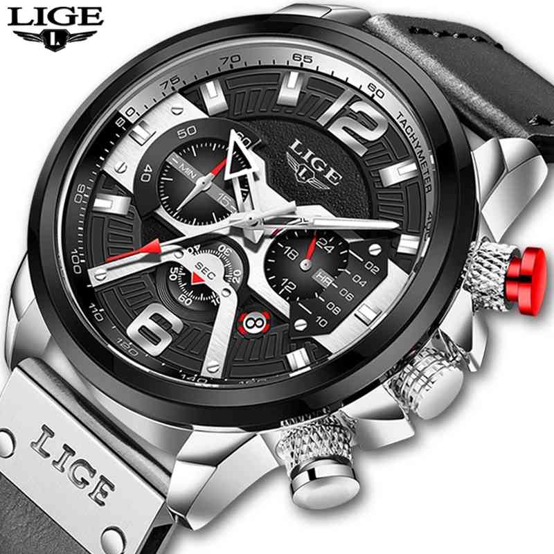 

Watches Mens LIGE Top Brand Luxury Sports Watch Men Fashion Automatic Calendar Leather Wrist Watch For Men Black Male Clock 210517, All black