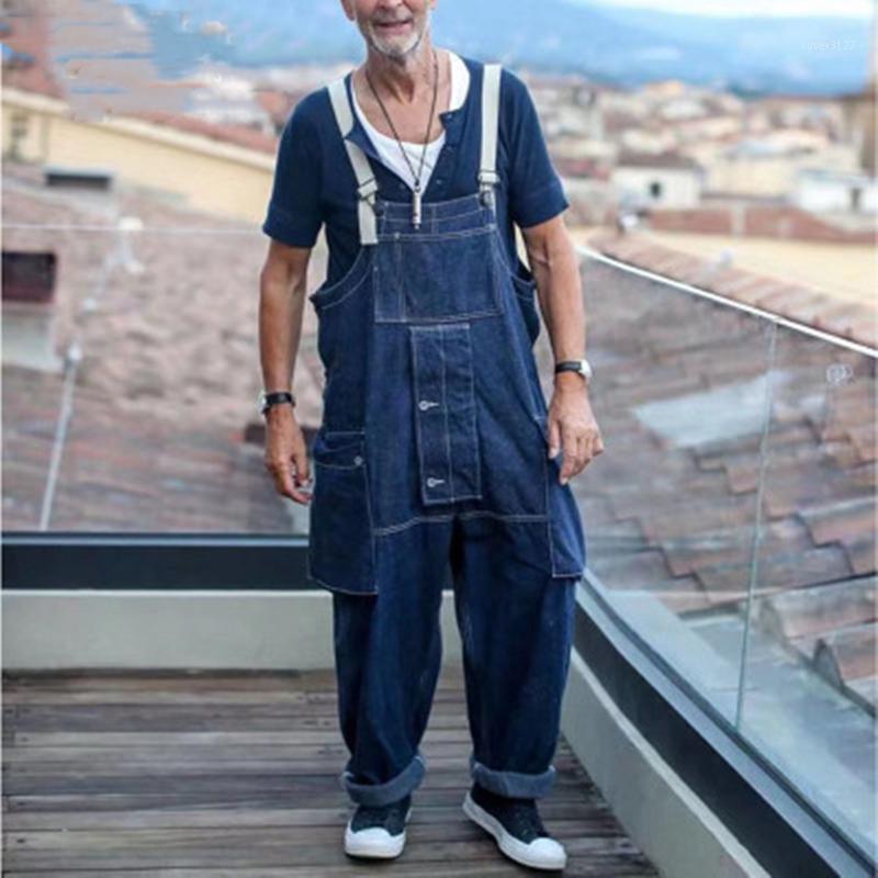 

Men's Jeans Denim Overalls Mens Cargo Work Pants Functional Multiple Pockets Pant Coveralls Men Loose Dark Blue Bib Trousers
