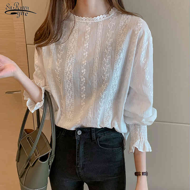 

Autumn Fashion Women White Chiffon Blouses Long Sleeve Lace Women Tops Casual Floral Lady Tops Blusas Mujer De Moda 6202 50 210518