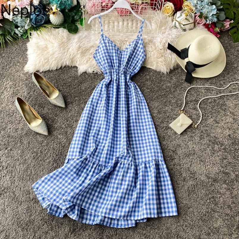 

high waist hip plaid women dress a line vestido holiday beach elegant ruffles sleeveless camis v neck summer ropa 1a872, Black;gray