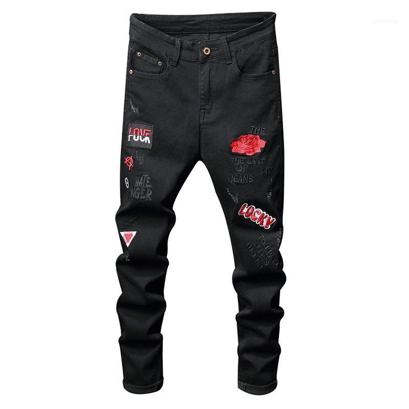 

Men's Jeans Sokotoo Red Flower Letters Embroidery Black Fahion Badge Stretch Denim Pants1