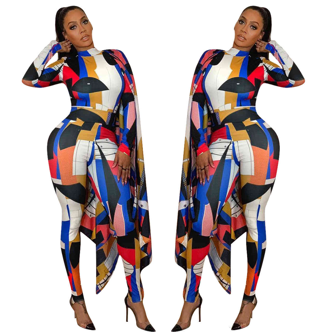 Multicolored Printed Fashion Women Jumpsuits with Cape Elegant High Neck Long Sleeves ny Rompers for Nigthclub Party Wear-image-684370775