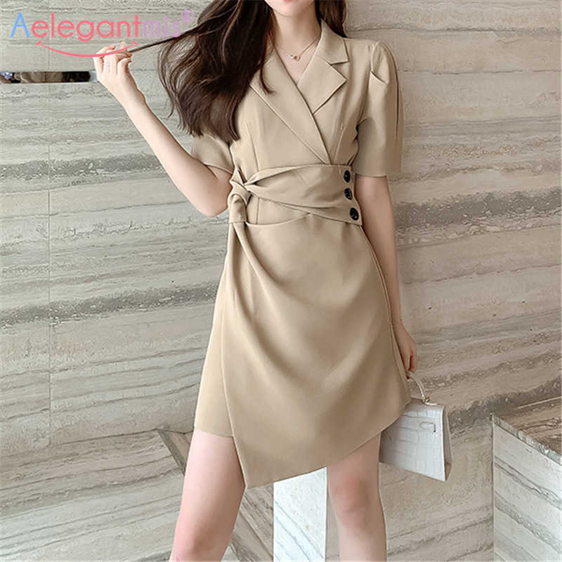 

Aelegantmis Korea Casual Elegant Sashes Blazer Dress Office Lady Spring Summer Irregular Hem Button Women Retro Mini 210607, Black