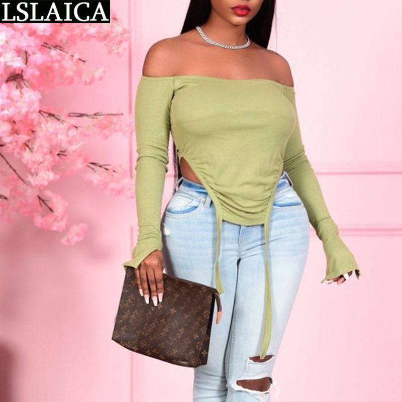 

Women's Clothing Long Sleeve Slash Neck Solid Color Rib Knit Blouse Ruched Off The Shoulder Sexy Fashion Shirt Women 210520, Green