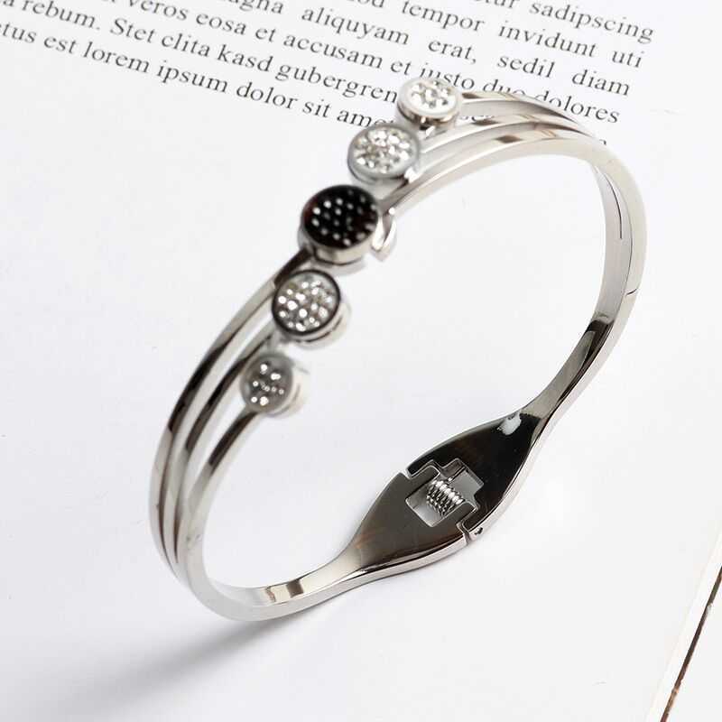

Round Black Crystal Spring Clasp Bangle Bracelets Stainless Steel Gold Cubic Zirconia Charm Bangle Bracelet for Women Jewelry Q0719