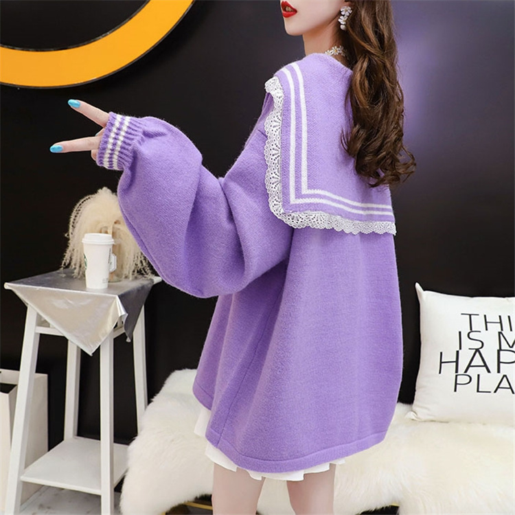 

Women' Knits & Tees Female causal Korean sweatshirt retail hit color striped turn collar mesh cardigan jacket 2021 6b557, Purple