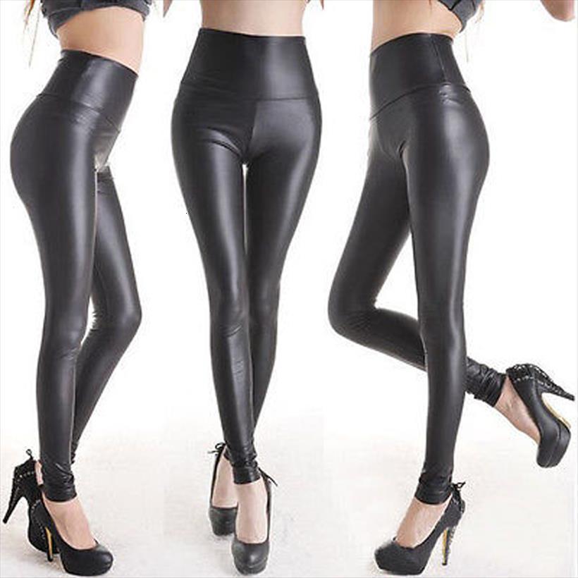 

spring autumn matt look pu womens leggings leather high waist pants elastic slim retro stretch black legging