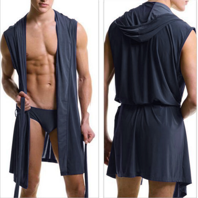 Men sexy pajamas sleepwear Silk pijama hombre hooded bathrobe men bath 5 color set Summer dress bath robe with briefs Clothes Si-image-729087133
