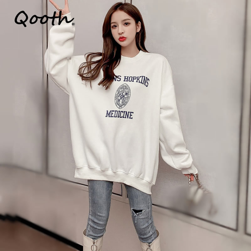 

Qooth Autumn Women's Loose Sweatshirts Cotton Letter Medium Length Full Sleeve Coat O Neck Casual Female Student Tops QT351 210518, White
