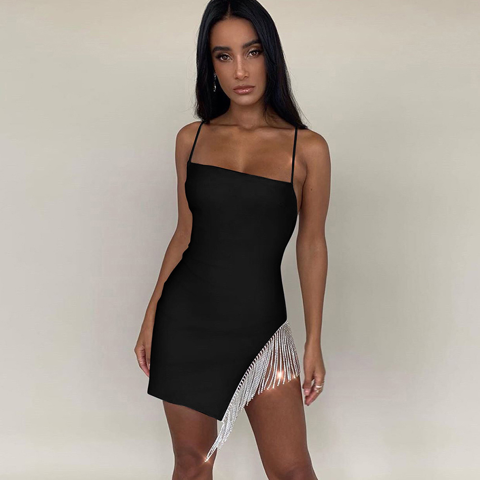 

Adyce New Summer Women Spaghetti Strap Dress 2021 Sexy Sleeveless White Tassel Elegant Celebrity Evening Runway Club Party Dress, Black party dress