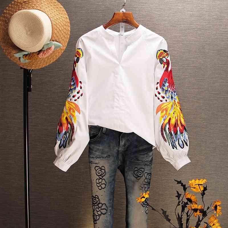 

Embroidery Shirt Women's cotton wild fashion casual ladies blouses and tops V-neck spring autumn Ninth Sleeve 210615, White