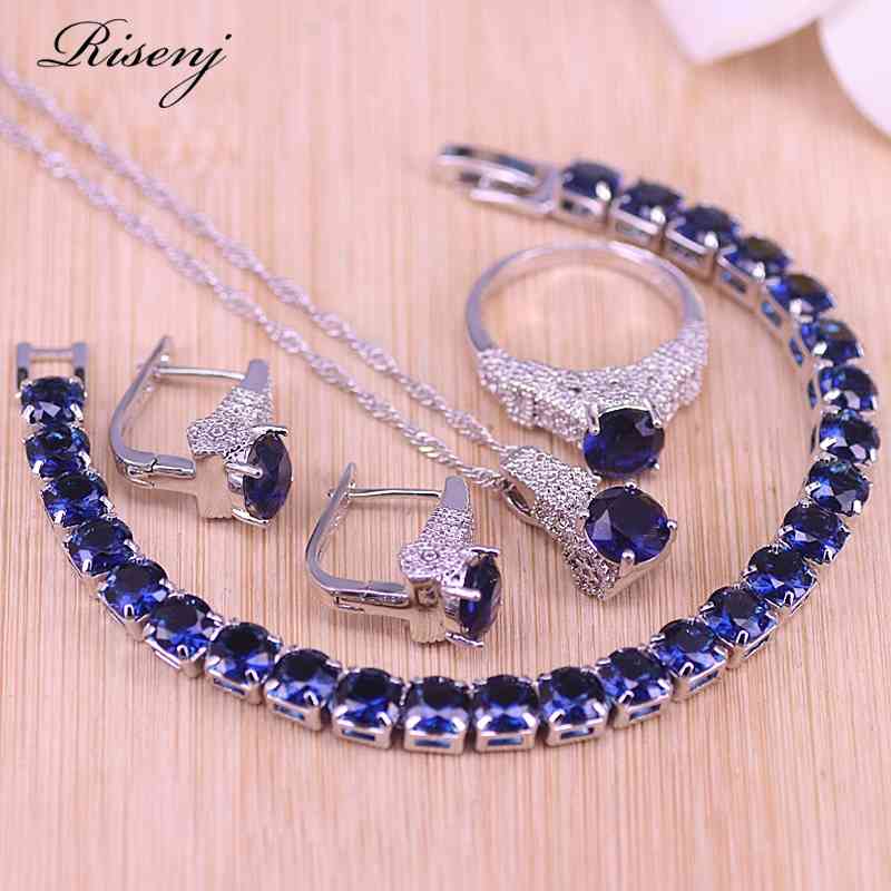 

Risenj Promotion 5 Colors Bridal Jewelry Blue/Green/Red/White/Black Hoop Earrings Ring Necklace Set Factory Directly Sales
