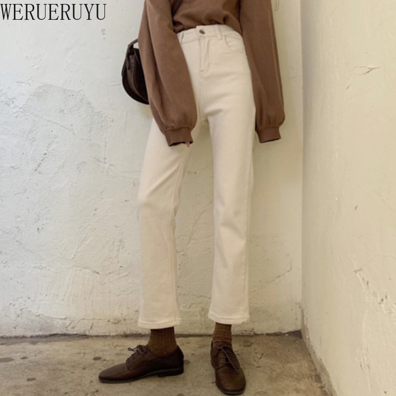 

WERUERUYU Autumn winter women jeans Korea women fashion casual high waist jeans female jeans loose Straight Harem pants 210608, Photo color