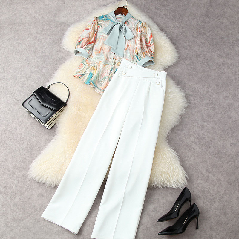 

2021 Summer Half Sleeve Round Neck Paisley Ribbon Tie Blouse + High Waist Wide Leg Trousers Pants Two Piece Suits 2 Pieces Set 21A022018, White