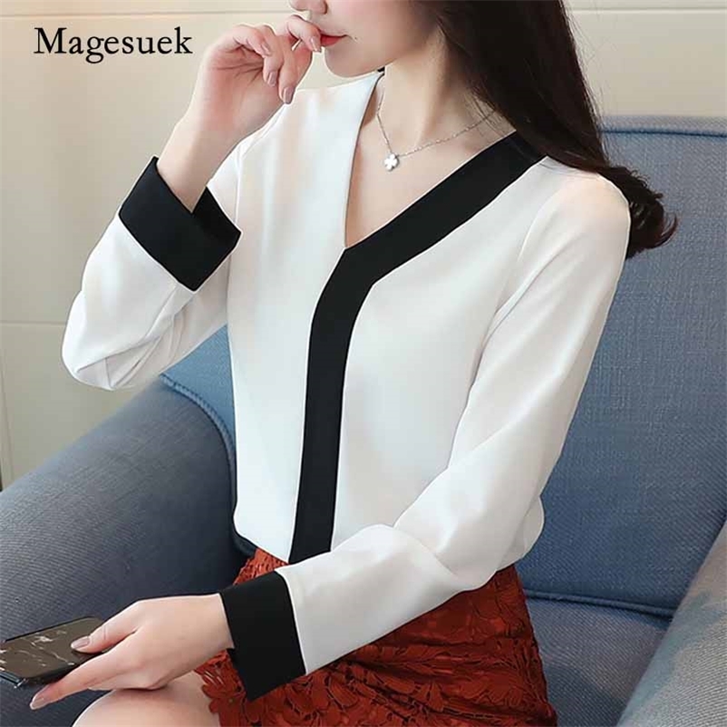 

Fashion Chiffon Long Sleeve V-neck Women Tops Office Lady Shirt Blouse Patchwork ' Clothing Shirts Blusas D826 210518, Yellow