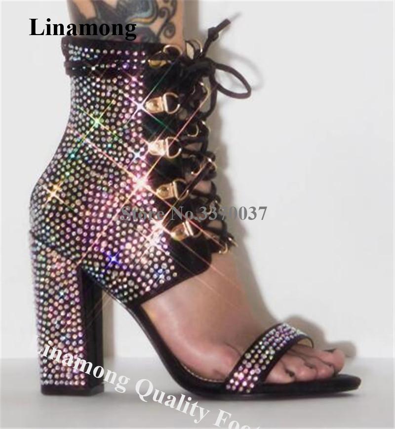 

Sandals Linamong Bling Rhinestone Chunky Heels Gladiator Lace-up Ankle Wrap Crystal Thick High Heel Wedding, Black