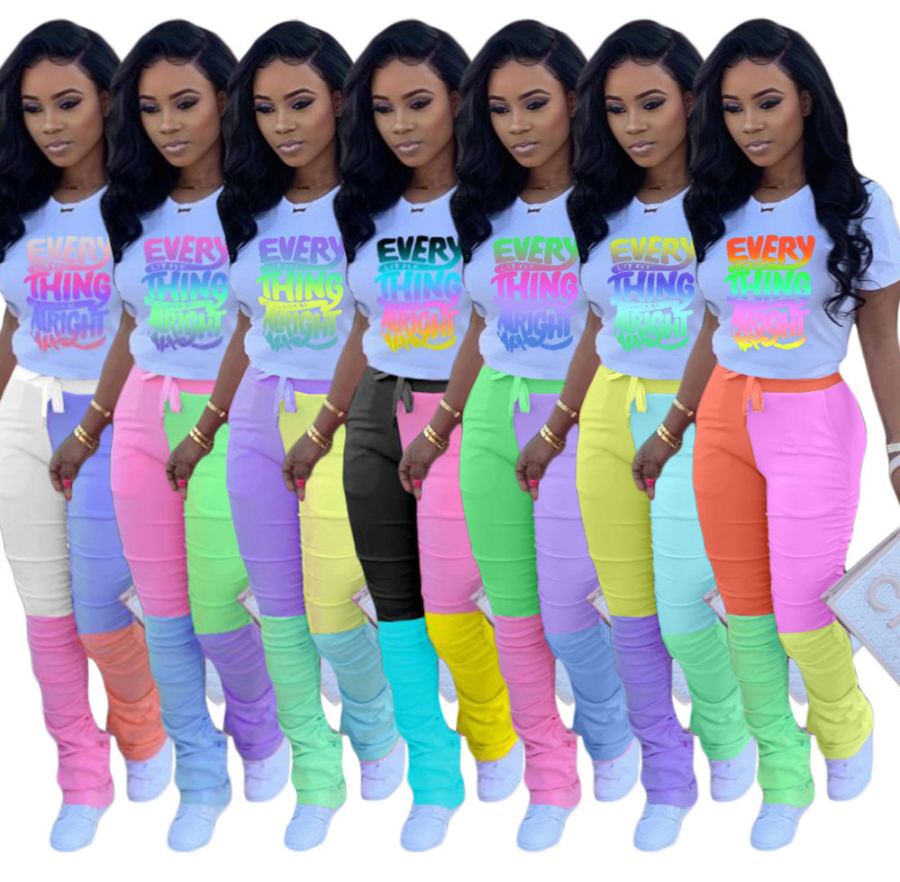 

Women Tracksuits 2 Two Piece Outfits Letter Print T Shirt Contrast Pleated Flare Pants Suit Ladies Jogging Leisure Clothing A226, Black