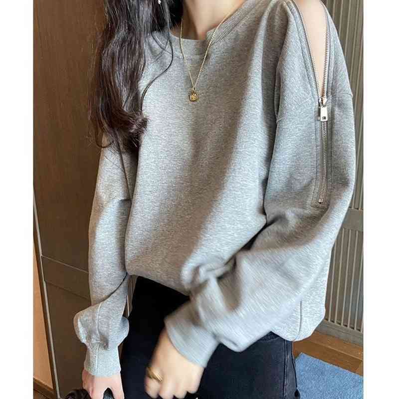

Spring and autumn design long sleeve off shoulder sweater women's loose Korean 2021 new Pullover round neck solid color coat fashion, White