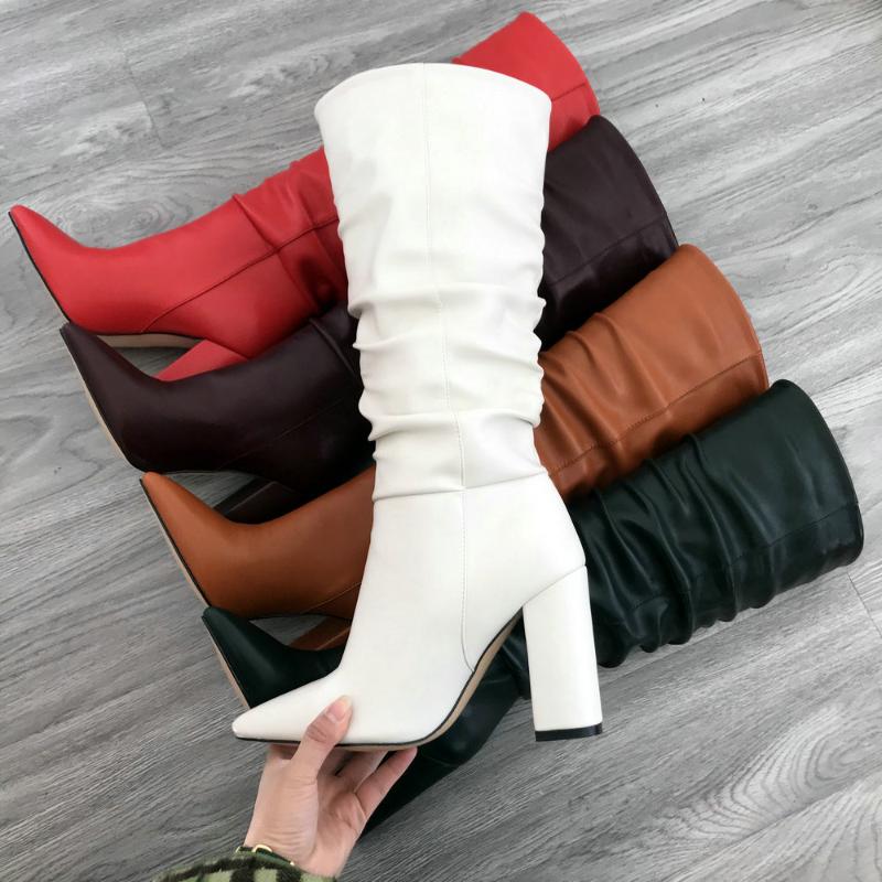 Boots Black Beige White Slouchy Women Chunky Heel Knee High Pointed Toe Fold Woman Heels Winter Shoes 2021